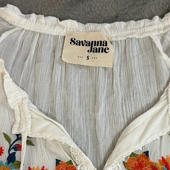 Savanna Jane White Embroidered Peasant Boho Blouse Shirt Top SMALL Long Sleeve - Picture 3 of 6